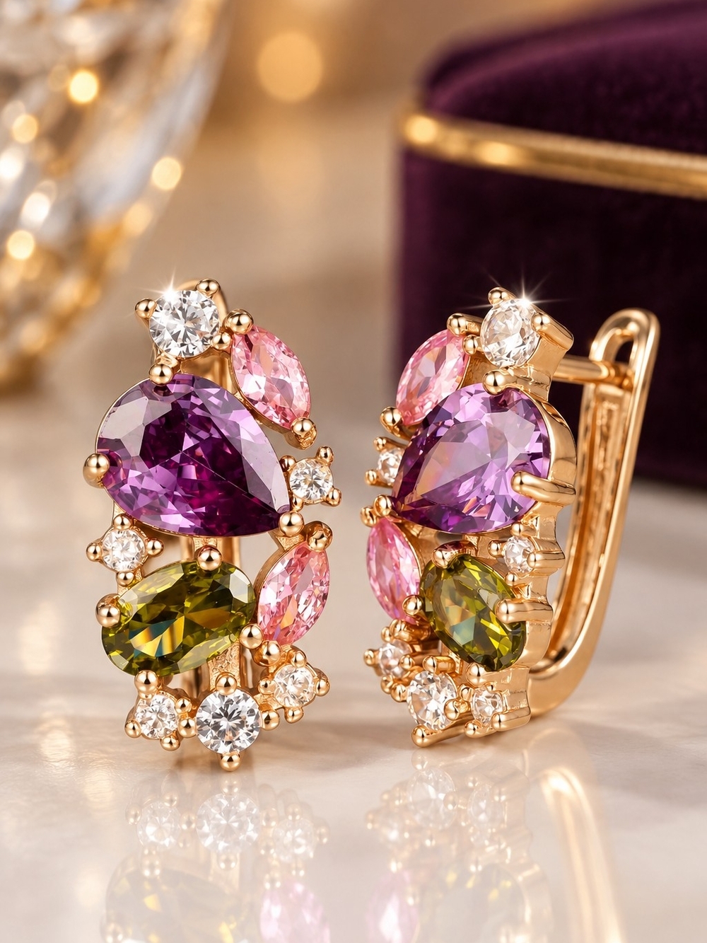 Gold-Tone Multi-Gem Teardrop Earrings in Purple, Pink & Green